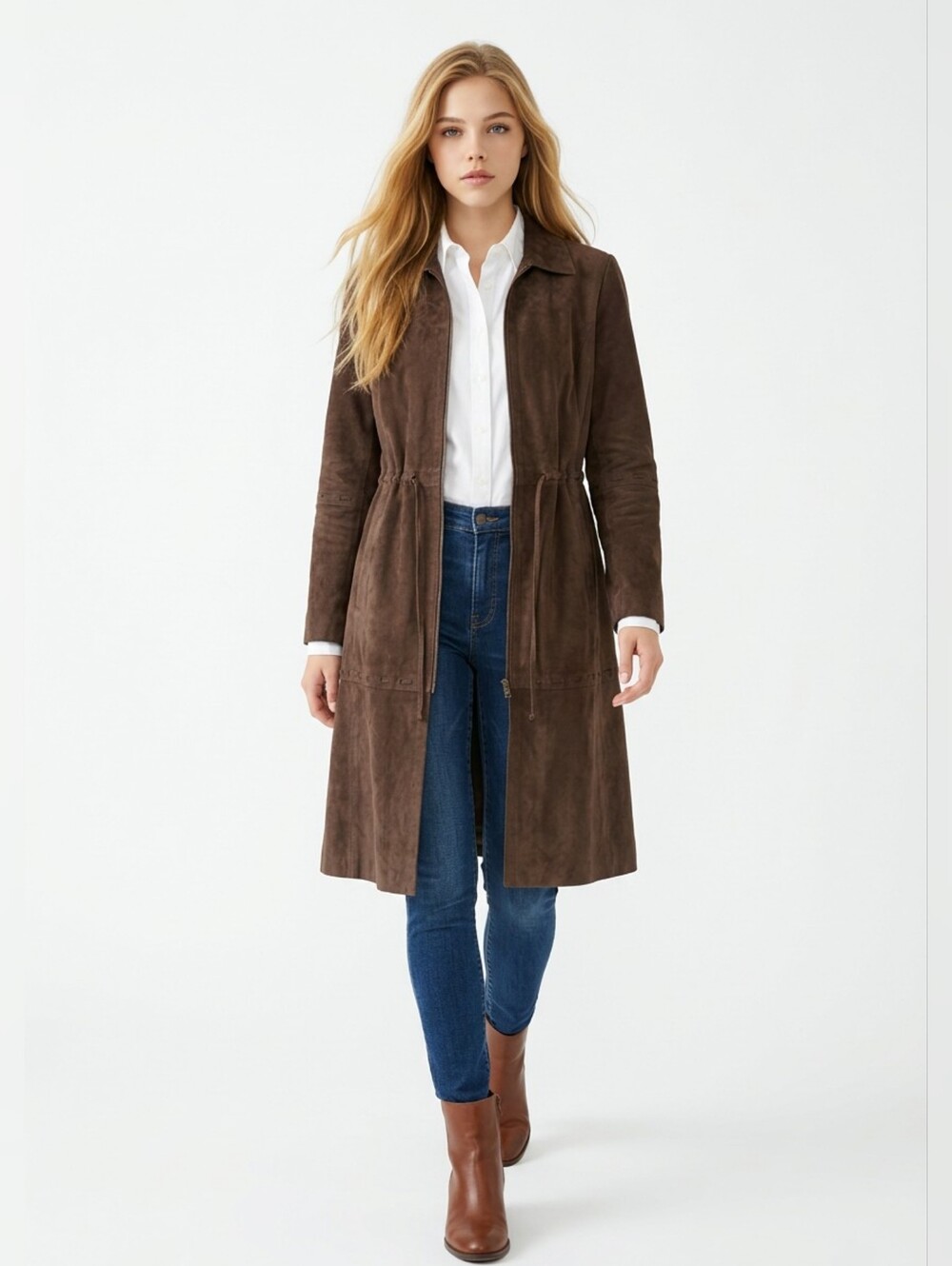 INC INTERNATIONAL CONCEPTS Suede Leather Drawstring Trench Coat - Brown